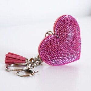 Puffy Heart Charm / Keychain with Rhinestones and Long Tassel